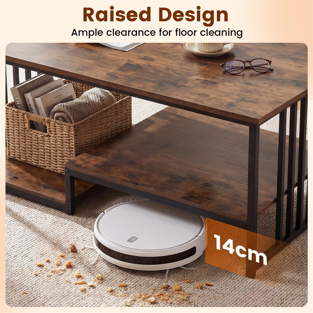 Industrial Coffee Table Rectangular 2-Tier with Open Shelf for Living Room