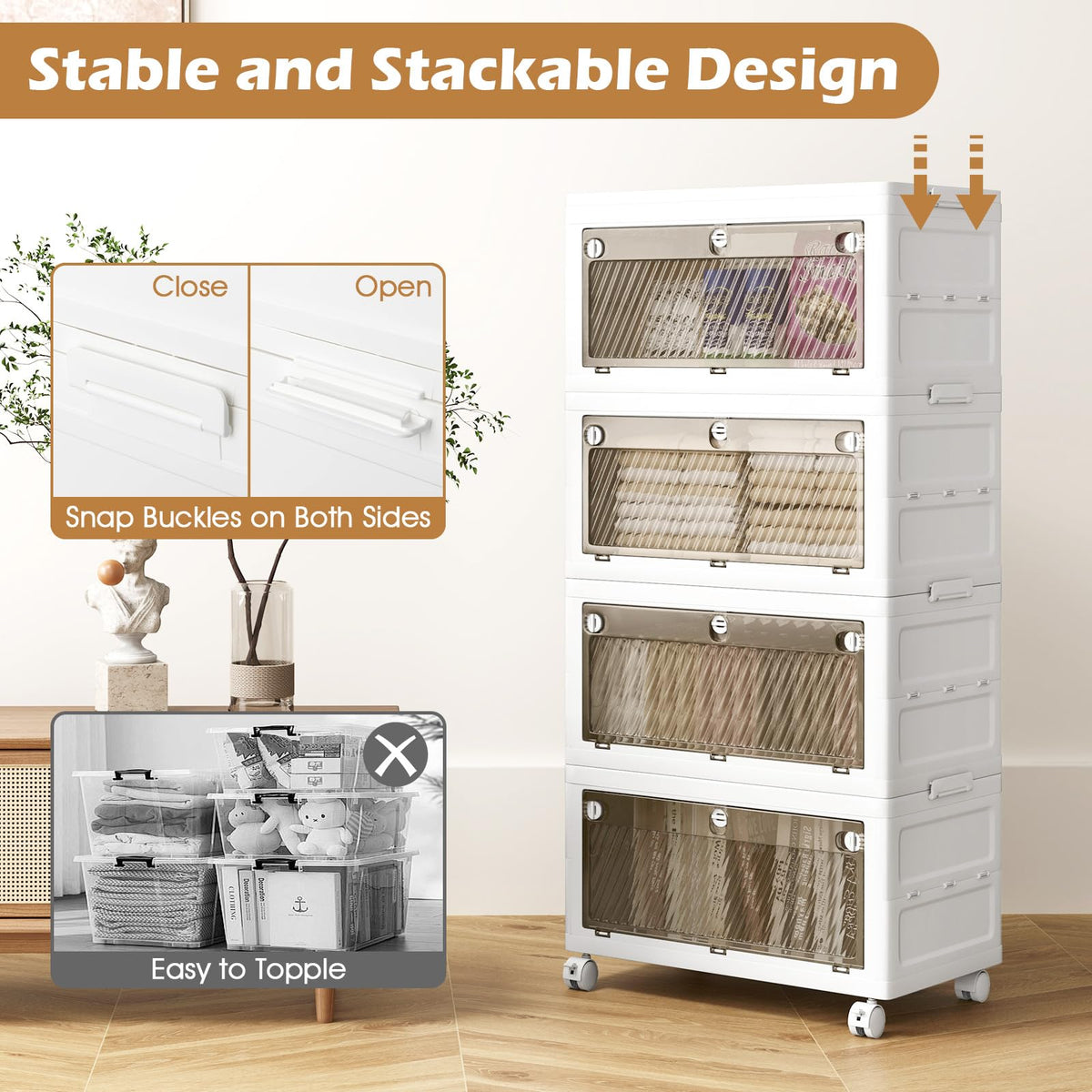 Collapsible Closet Storage Organizer with Wheels for Bedroom Living Room, Easy Assembly (4-Tier)