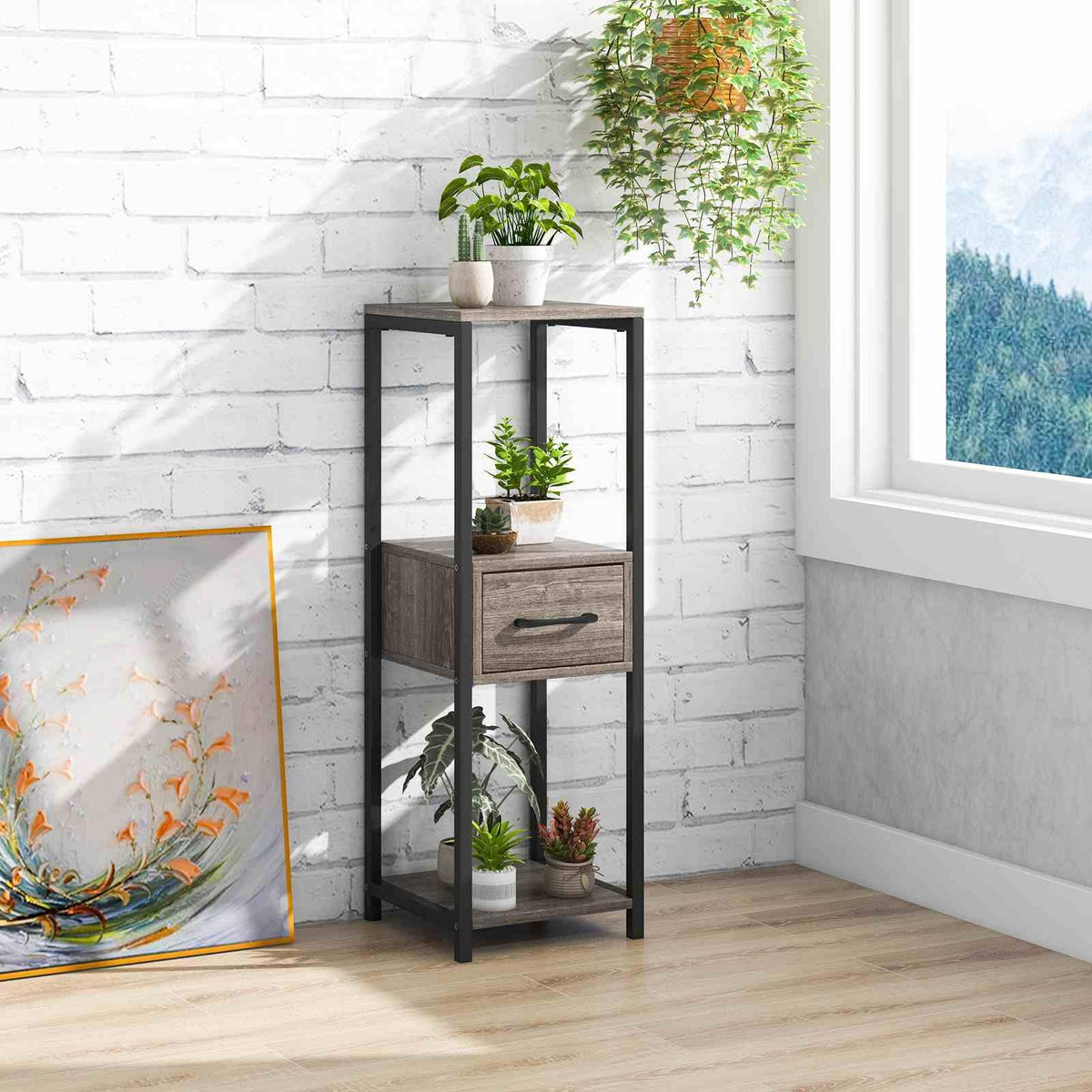 2 Pack 3 Tier Tall Metal Plant Stand with Drawer