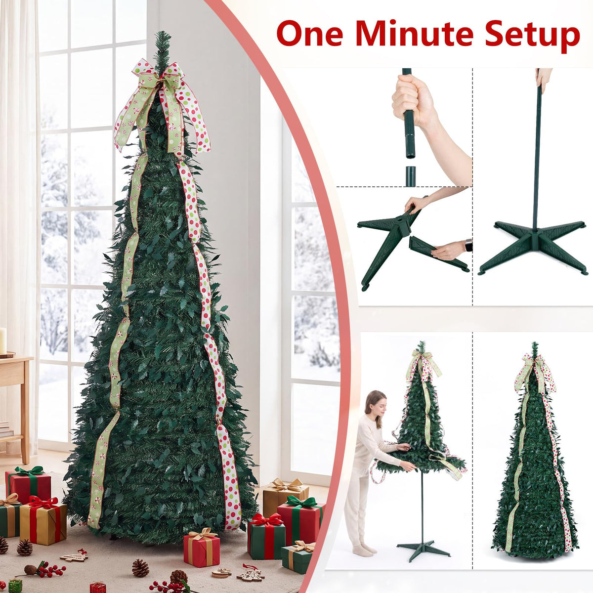 1.8M/2.1M Artificial Christmas Tree with Tree Topper Bow and 4 Ribbons