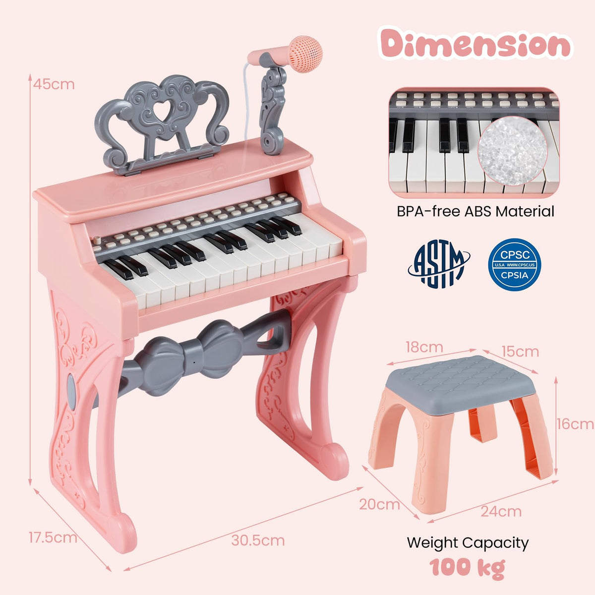 Mini Keyboard Piano for Kids 25 Keys Electric Piano with Stool Music Stand and Microphone