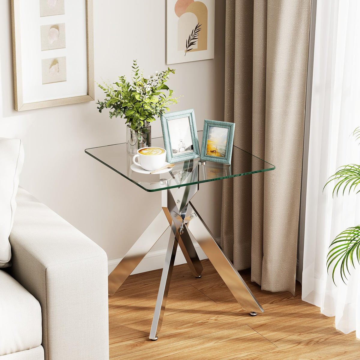 Glass Side Table with Tempered Glass Top and Metal X Base for Living Room and Bedroom