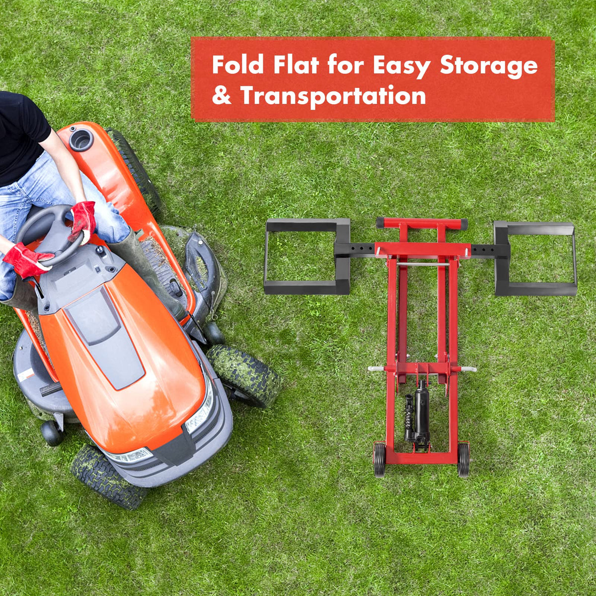 Ride On Lawn Mower Lift Jack, 3-Level Height Adjustable Mower Jack w/2 Wheels