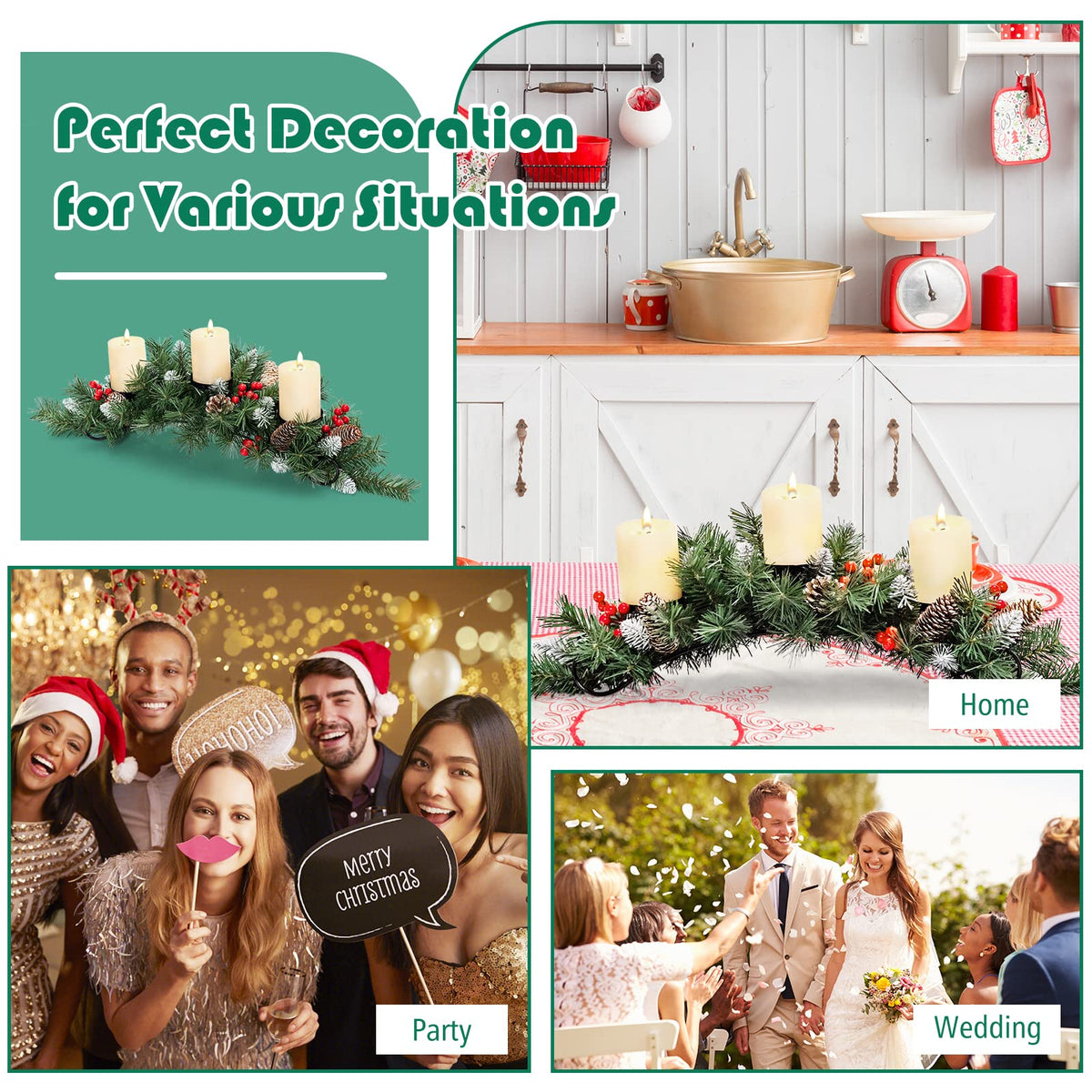 Artificial Christmas Tabletop Centerpiece with 3 Candle Holders