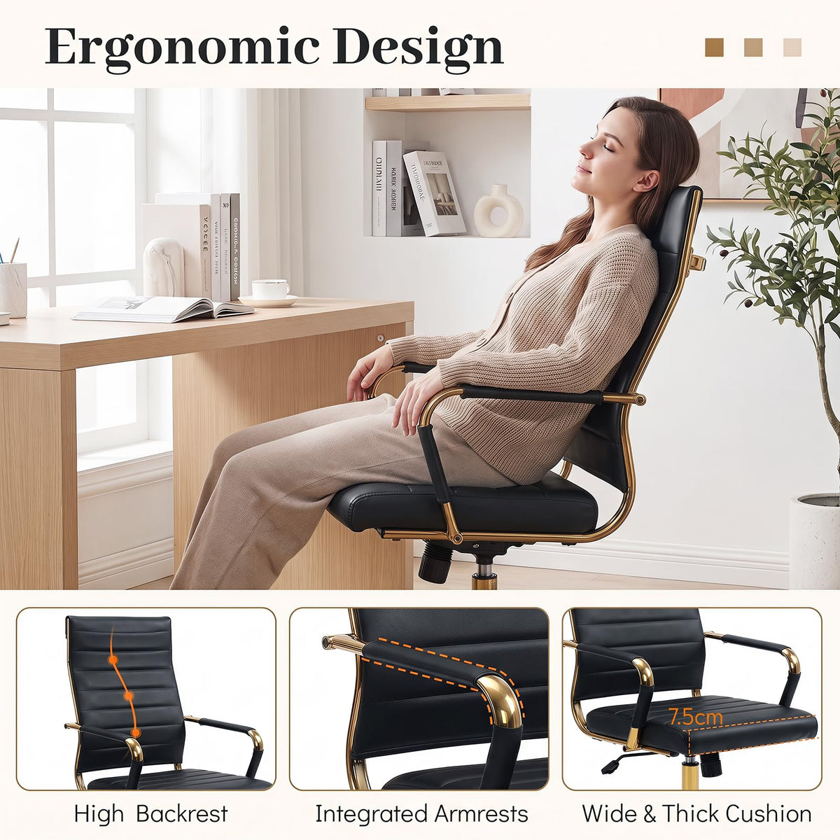 Ribbed PU Leather Office Chair with Armrests and Reclining Backrest