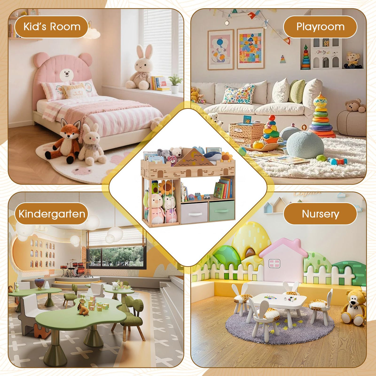 Kids Bookshelf with Stuffed Animal Storage and Fabric Drawers