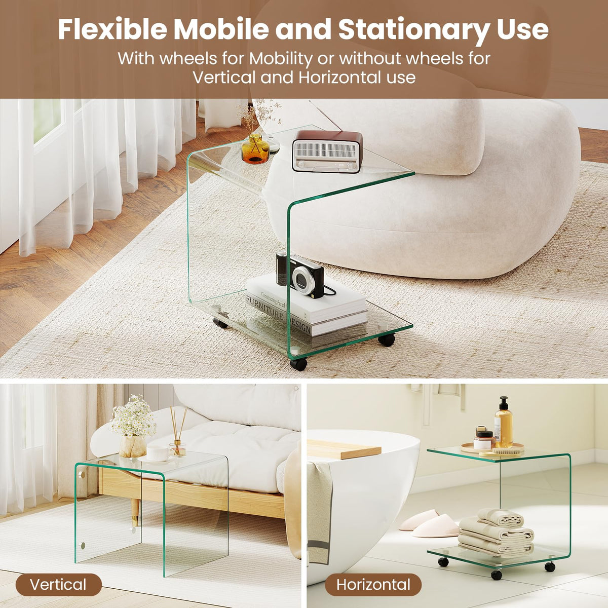 C-Shaped End Table, Modern Tempered Glass Side Table with 2-Tier Shelf