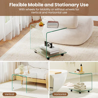 C-Shaped End Table, Modern Tempered Glass Side Table with 2-Tier Shelf