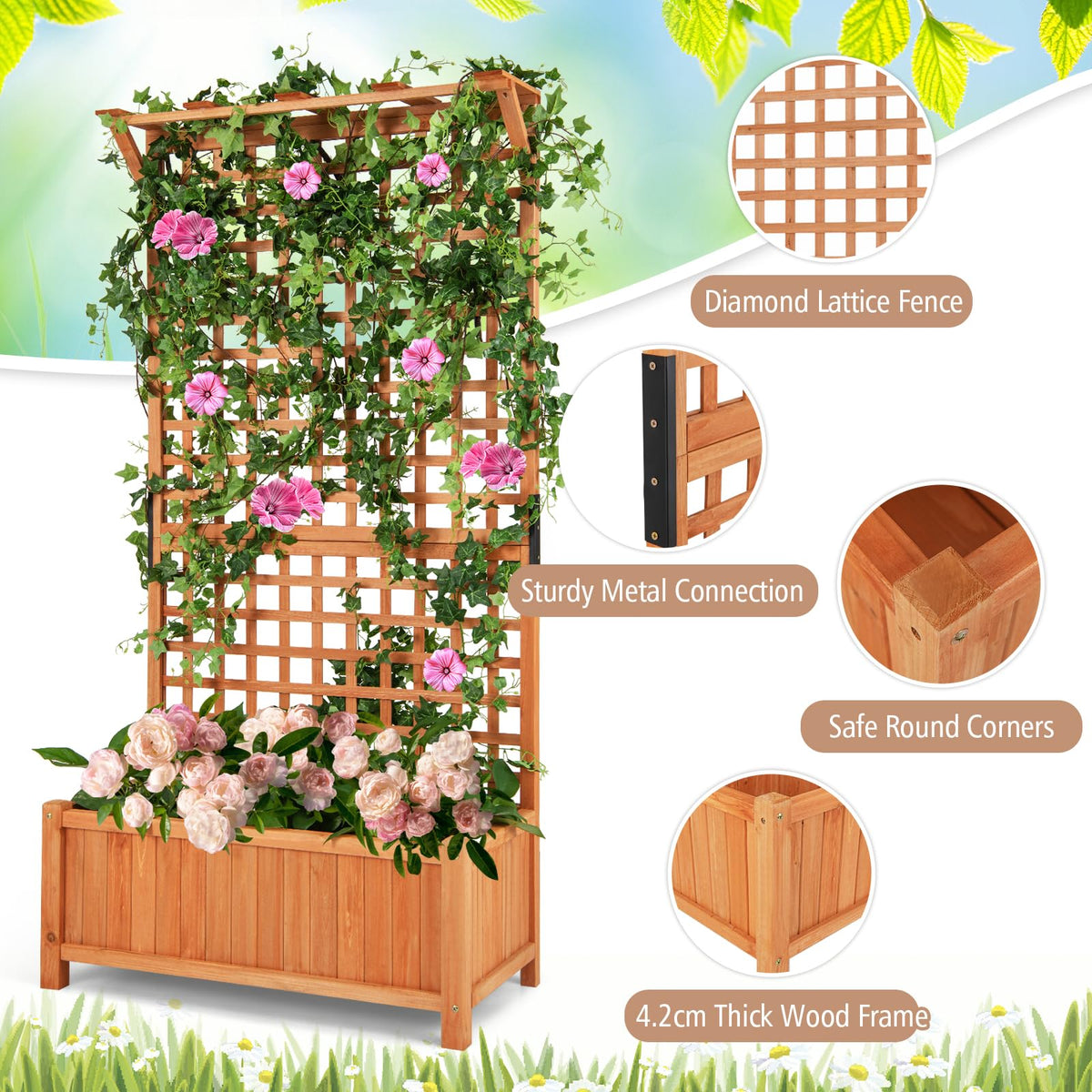 Giantex Raised Garden Bed with Trellis, Indoor & Outdoor Plant Container with Hanging Roof