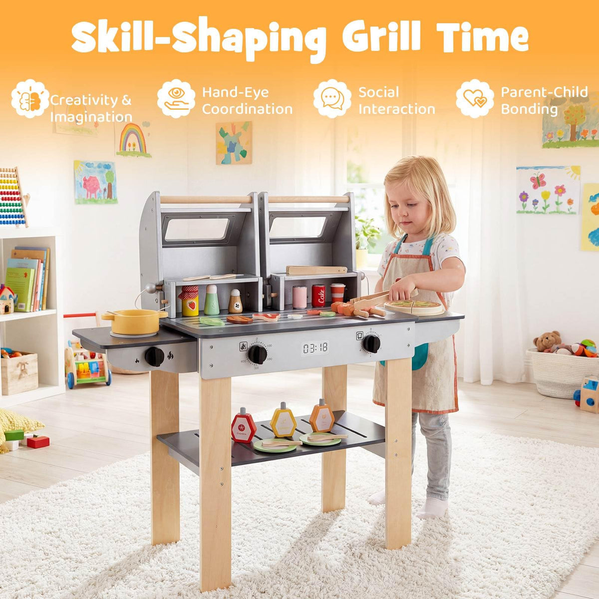 Wooden Kids Barbecue Grill Playset Kids Toy Grill with Abundant Grilling Tools and Play Foods