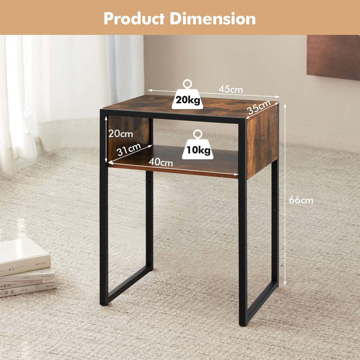 Giantex Industrial End Table, Retro Side Table with 2-Tier Open Storage Shelf, Rustic Brown