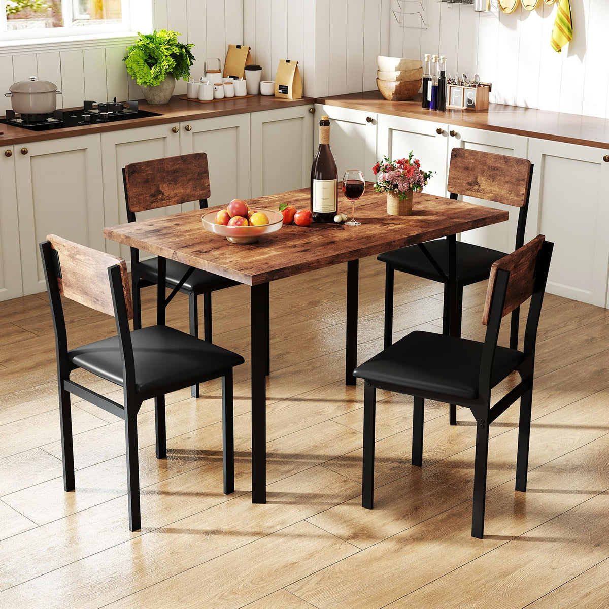 5-Piece Dining Table Set Industrial Kitchen Table and 4 PU Leather Upholstered Chairs