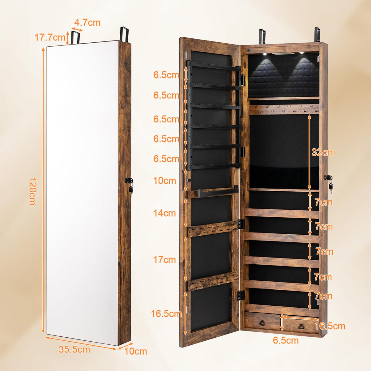Mirror Jewelry Armoire, Wall Mounted/Over Door Jewelry Organizer