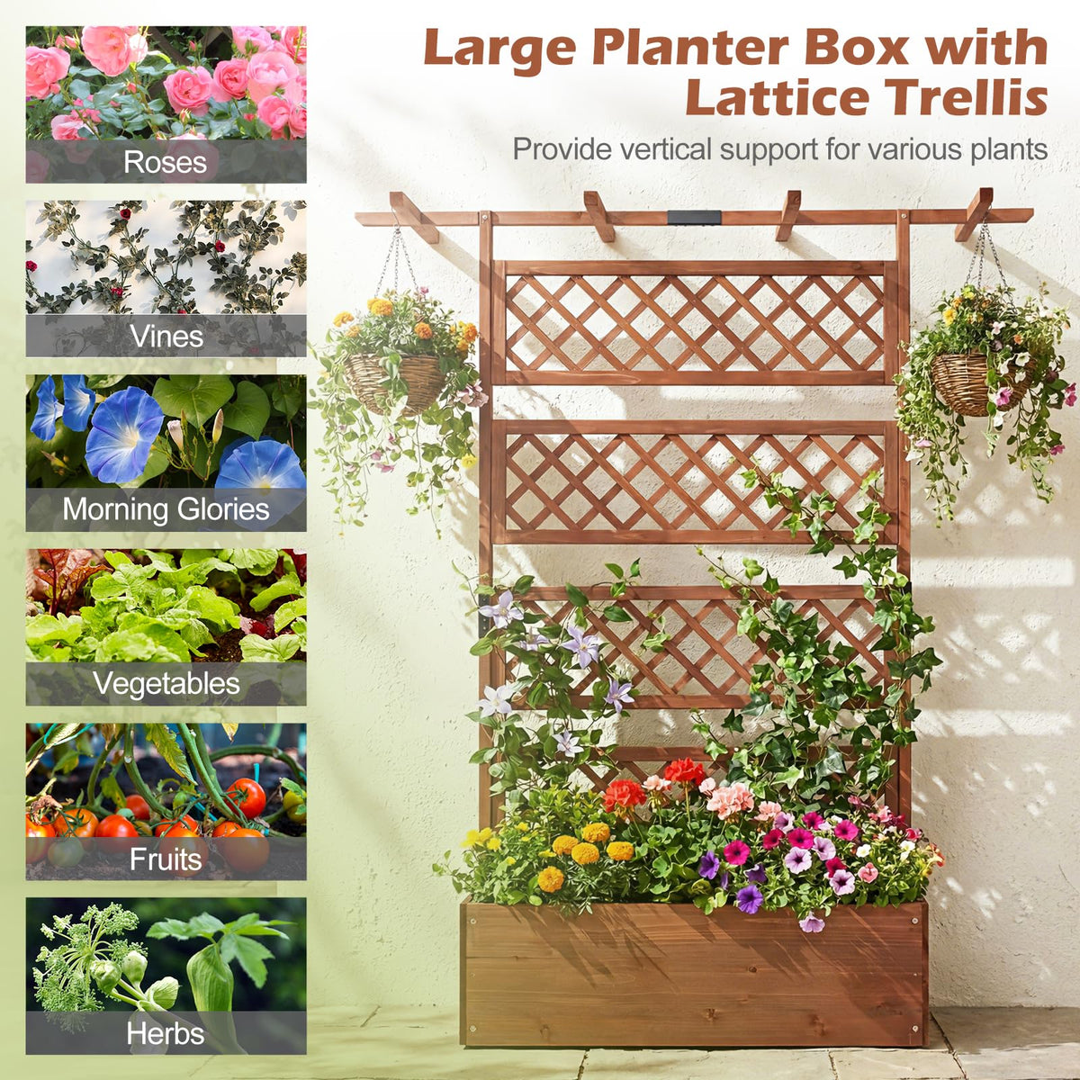 185cm Planter Box with Trellis and Flat Roof for Climbing Plants