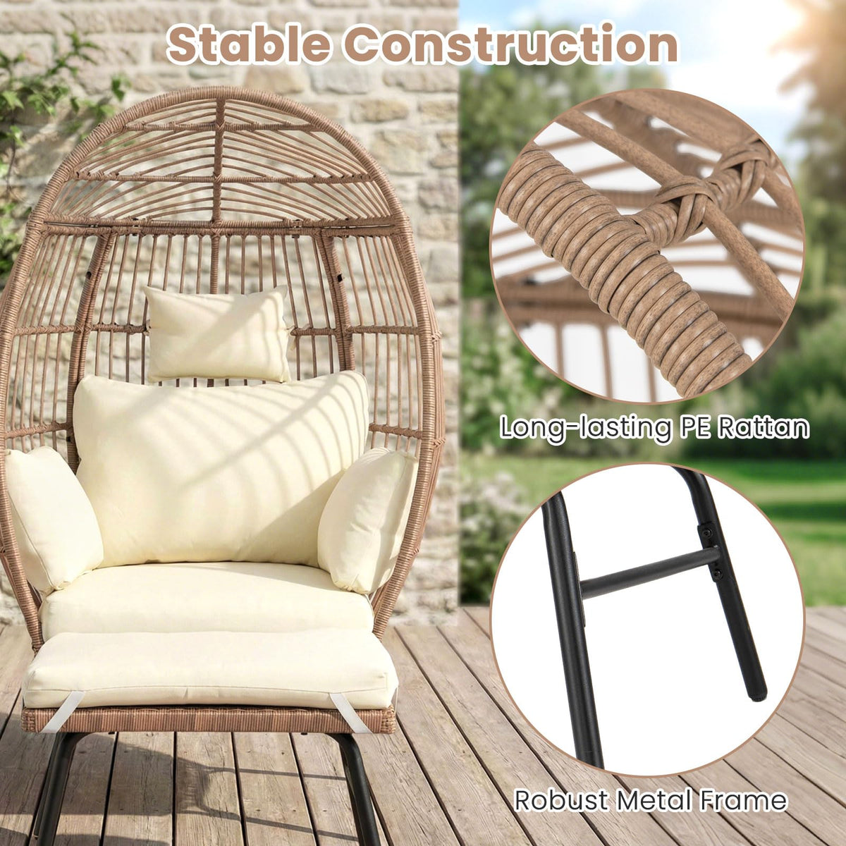 PE Rattan Egg Chair with Ottoman, Indoor & Outdoor Wicker Patio Lounge Chair