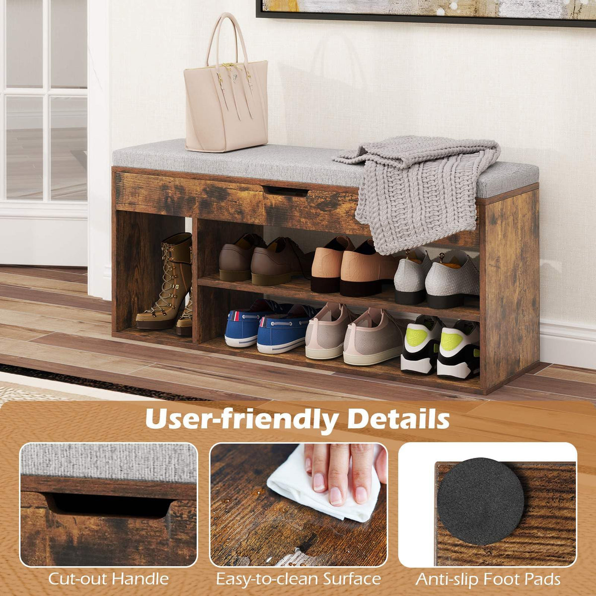 Shoe Bench w/Padded Seat, Shoes Rack w/Hidden Storage
