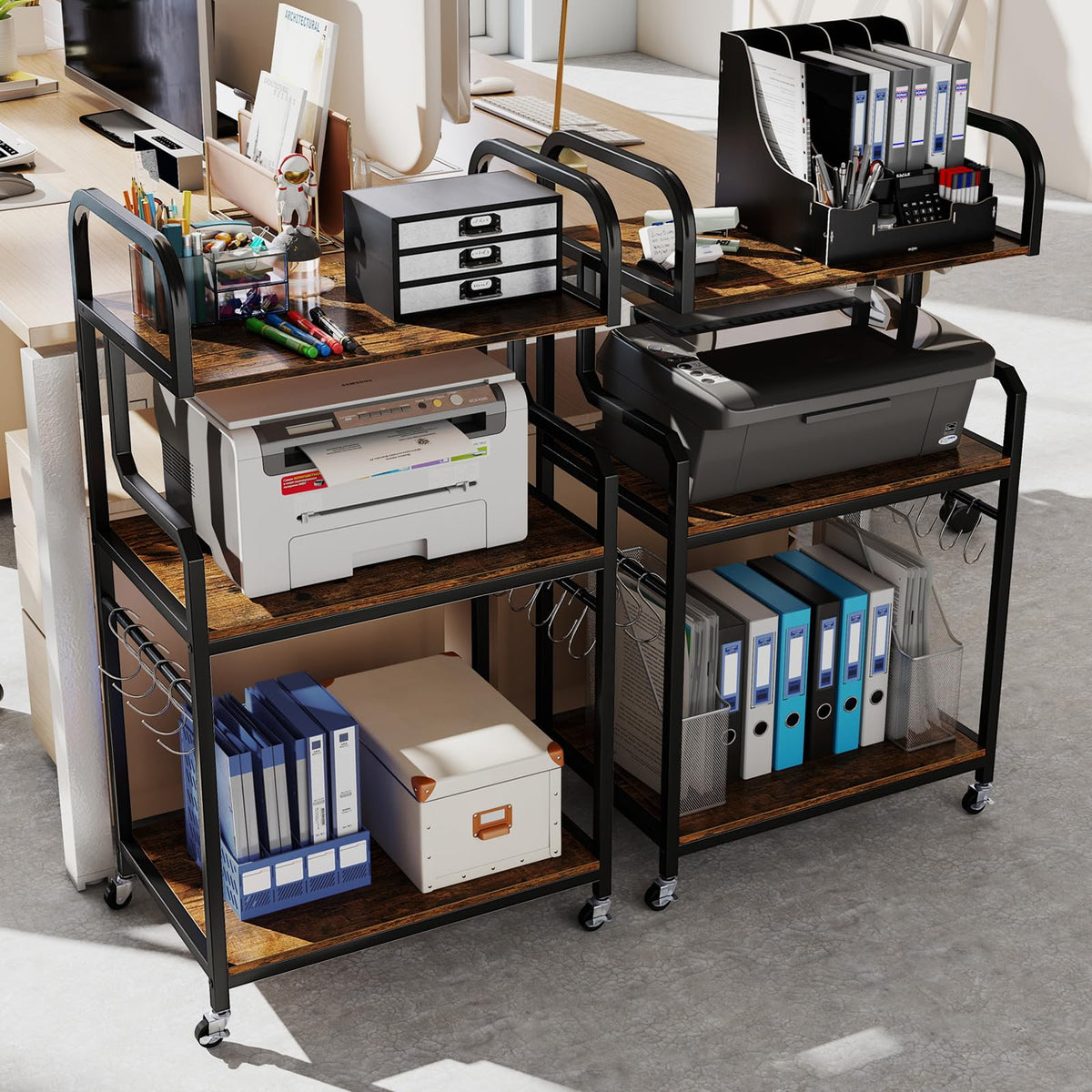 3-Tier Rolling Printer Stand, Home Office Large Printer Cart w/Storage Shelves