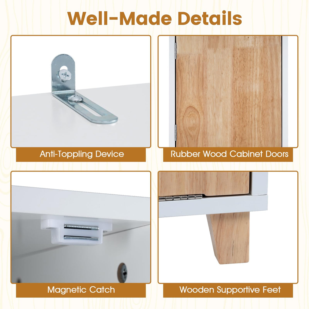 Tall Bathroom Storage Organizer Unit with Rubber Wood Doors