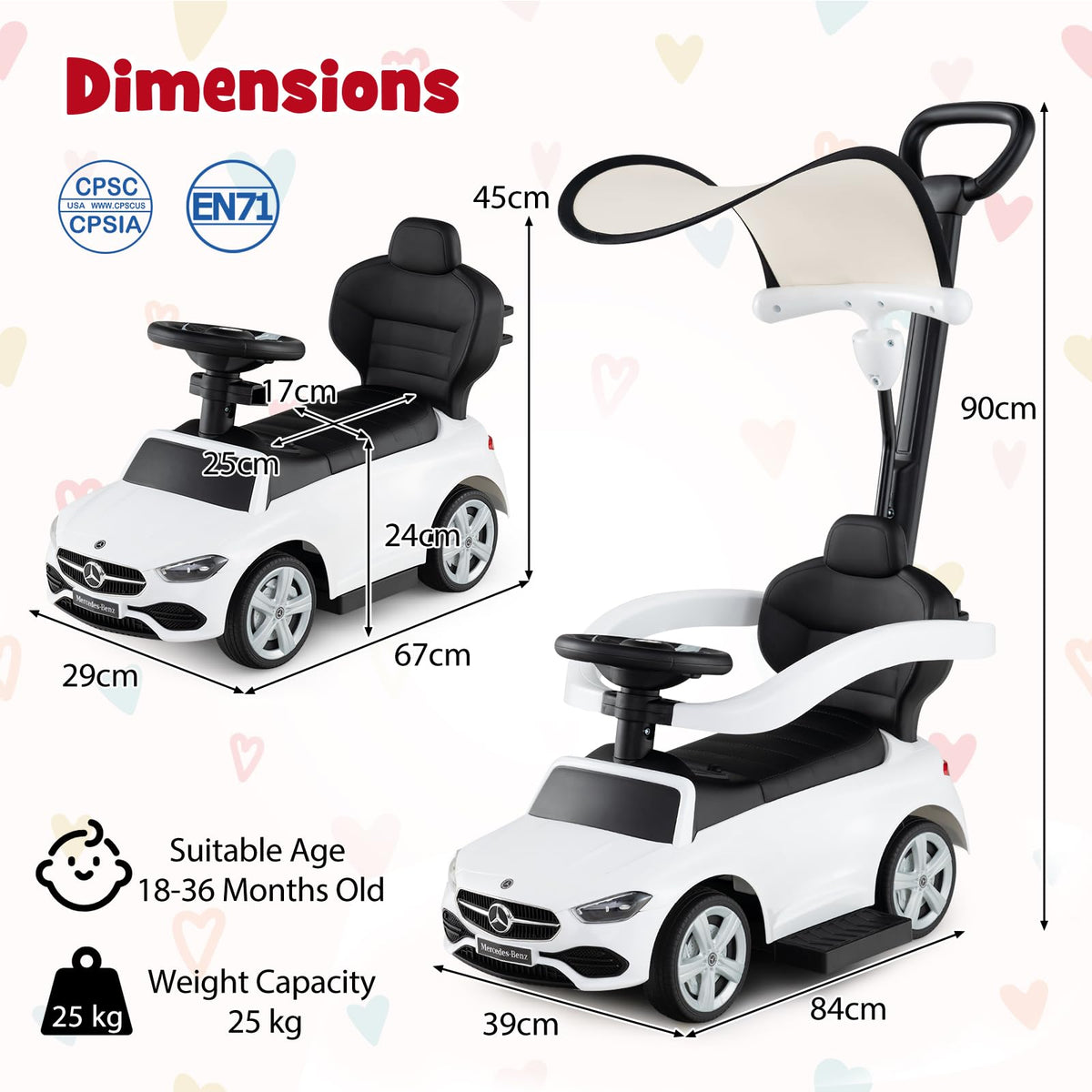 3-in-1 Ride on Push Car with Adjustable Canopy and Steering Push Bar