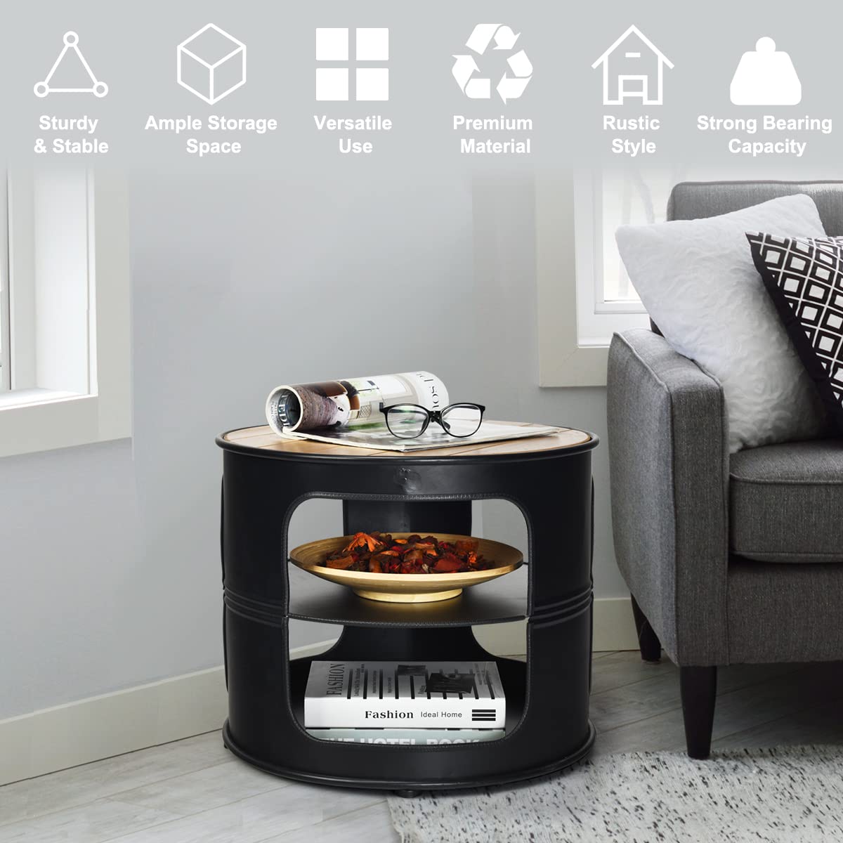 End Side Table, 3-Tier Round Coffee Table with 2 Storage Shelves, Nightstand Unit Desk Bedside Table