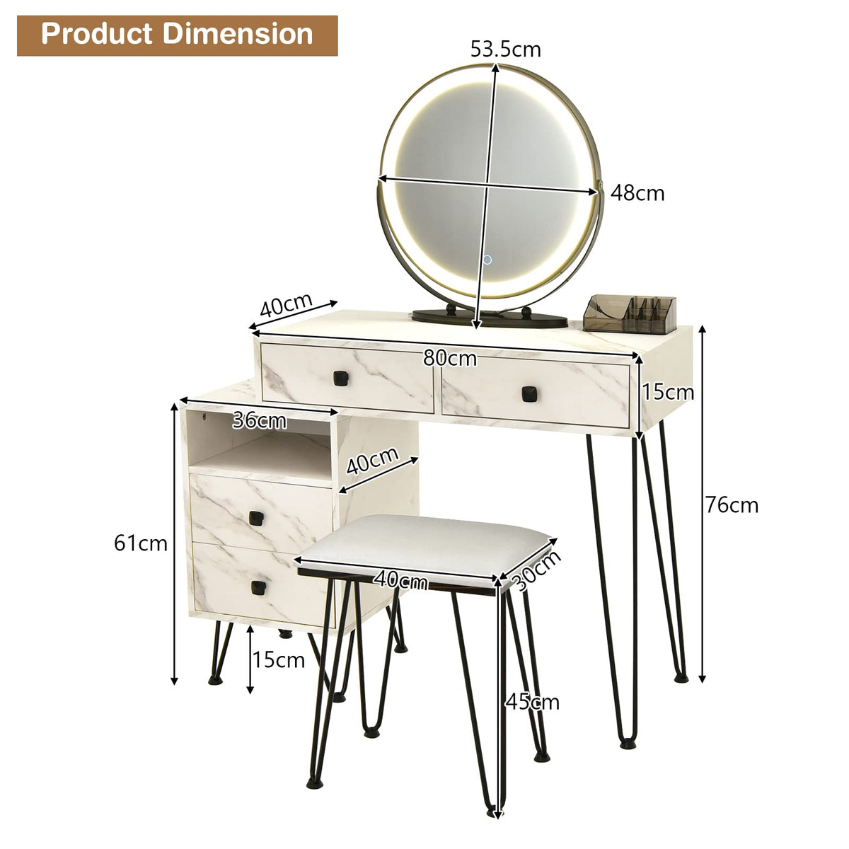 Giantex Makeup Vanity Set w/ Lighted Mirror, Modern Dressing Table with Storage Cabinet, Drawers, Cushioned Stool