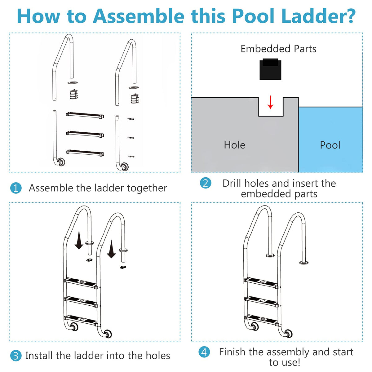 3-Step Split Stainless Steel Pool Ladder, Heavy Duty Steel Ladder for In Ground Pools