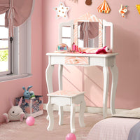 Kids Vanity Set with Tri-folding Mirror, Drawer and Stool
