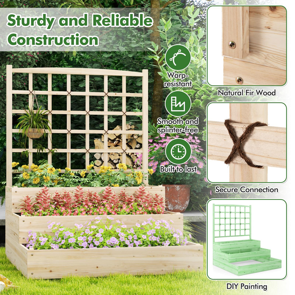 3-Tier Raised Garden Bed with Trellis and Elevated Planting Frame