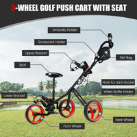 3-Wheel Folding Golf Push Cart, Multifunctional Push Pull Golf Trolley with Adjustable Handle