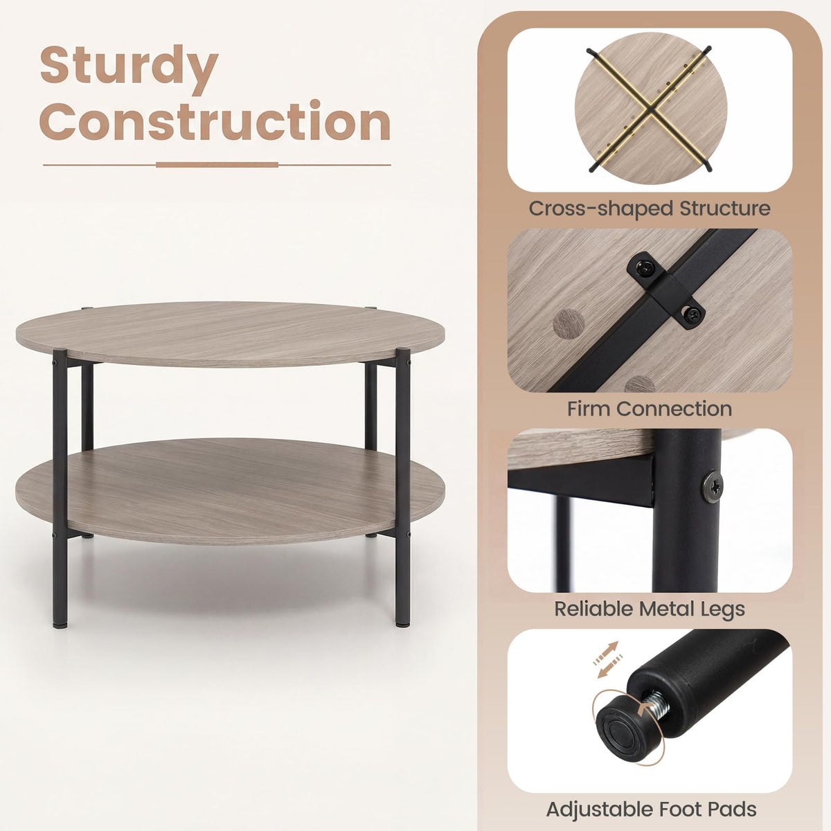 Giantex Round 2-Tier Industrial Coffee Table with Open Storage Shelf