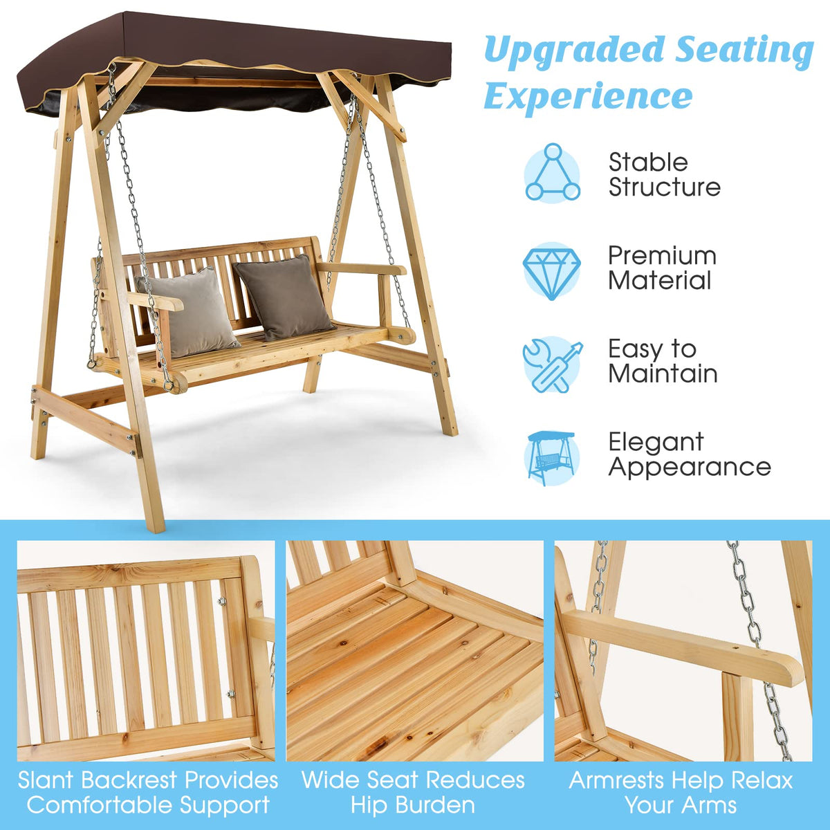 Wooden Garden Swing Chair, 2 Person Canopy Swing w/Weather-Resistant Canopy