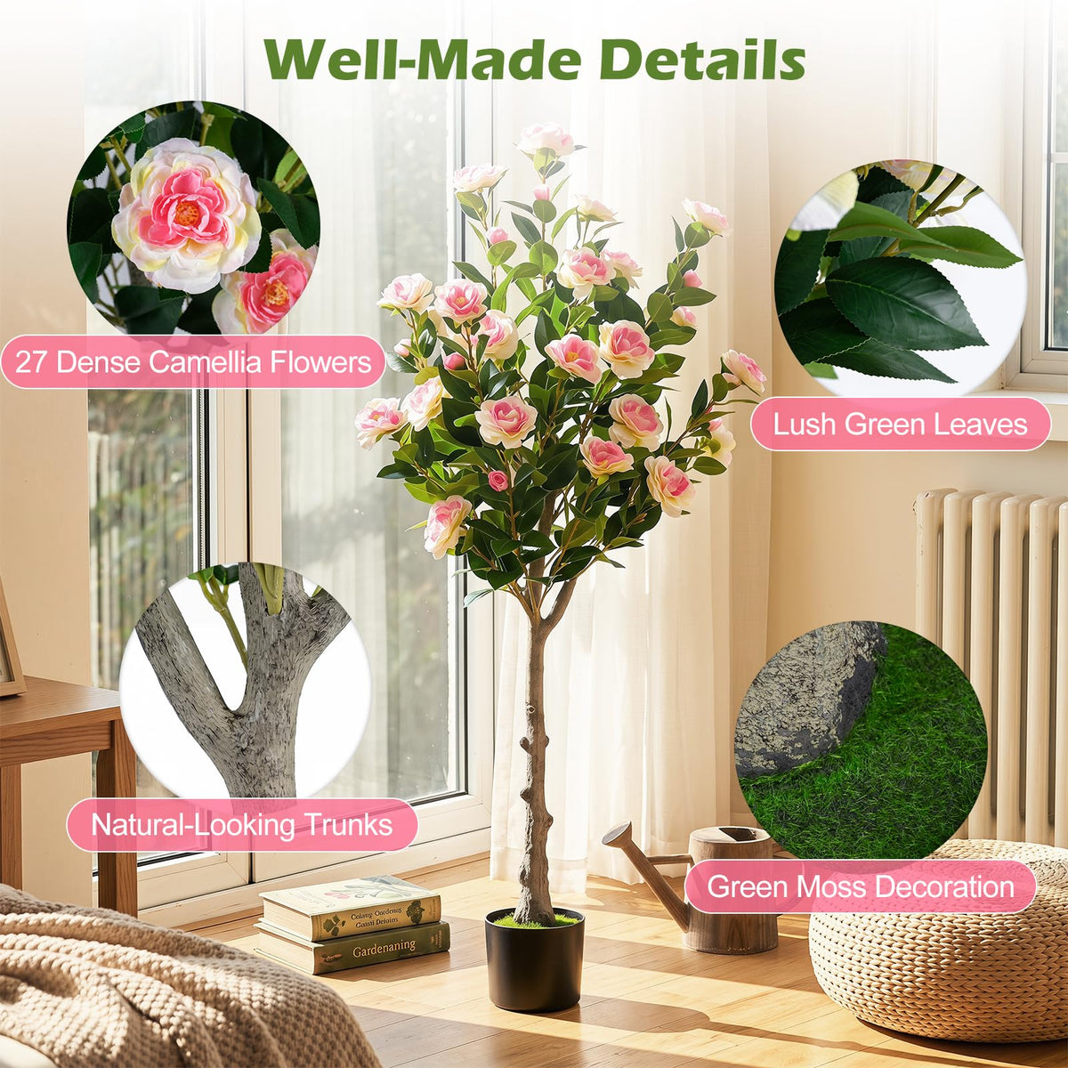 Giantex 128cm Artificial Camellia Tree, Faux Flower Greenery Plant