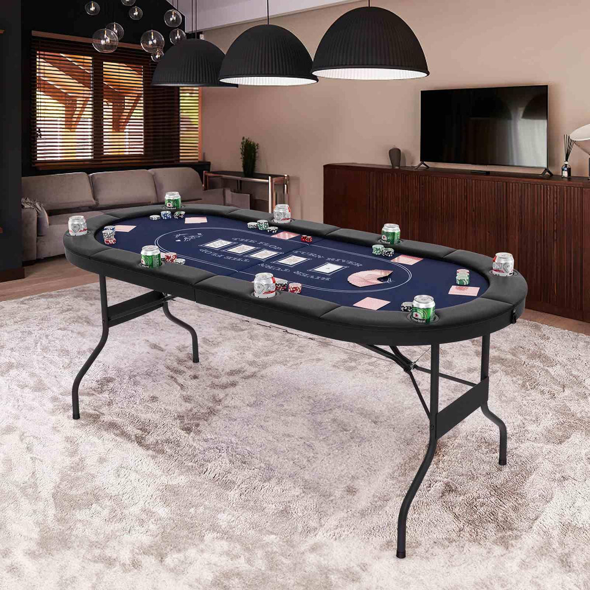 1.8m Foldable Poker Table for 8 Players, Portable Oval Card Board Game Table