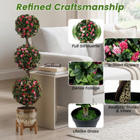 Artificial Triple Ball Rose Topiary Tree, 43.5" Faux Potted Floral Plant