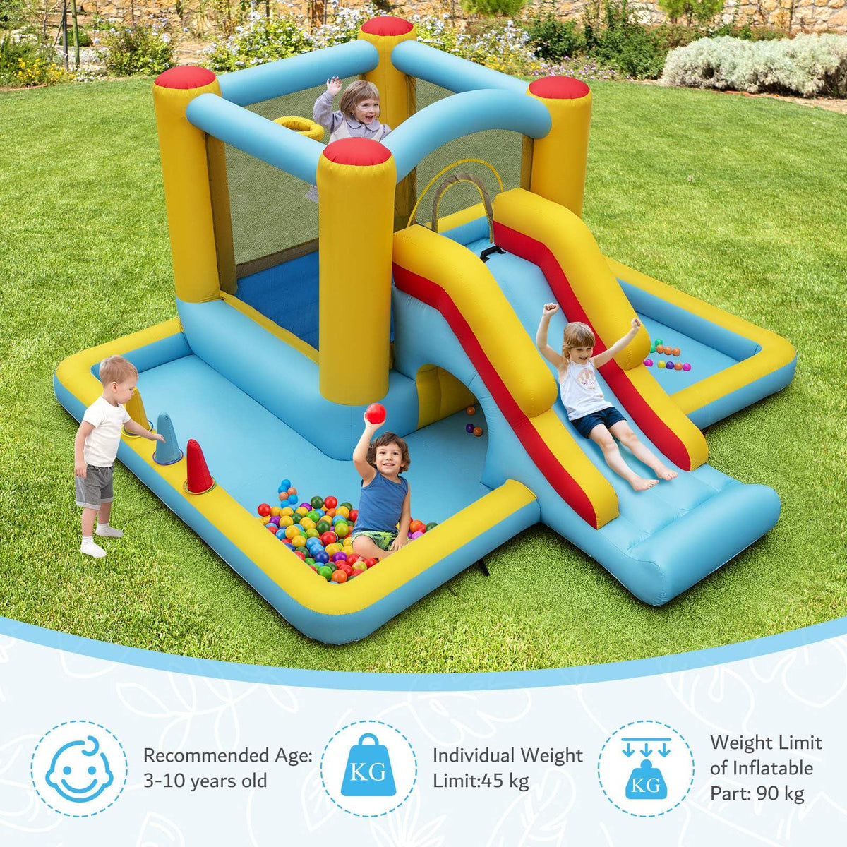 Inflatable Bounce House, 7-in-1 Giant Bouncy Castle with Slide, Tunnel, Basketball Hoop & Ring-toss Game (without Blower)