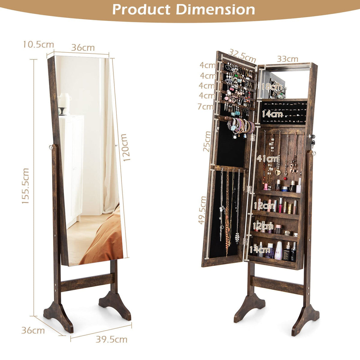 Giantex Mirror Jewelry Cabinet w/ Full Length Mirror, Jewelry Makeup Storage Cabinet w/ Lockable Door