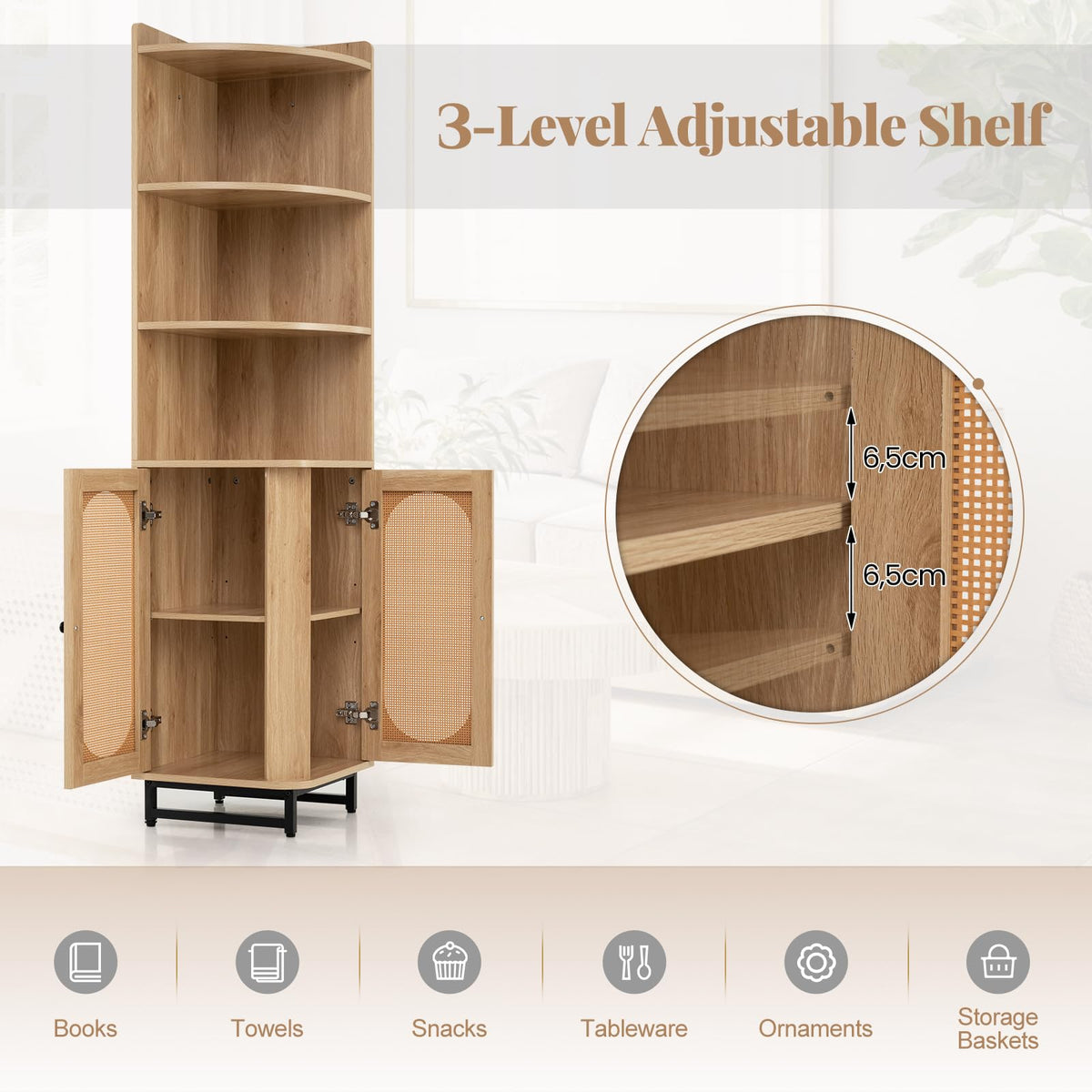 PE Rattan Corner Cabinet 172 cm Tall Corner Bookcase with 2 Doors and 4 Open Shelves