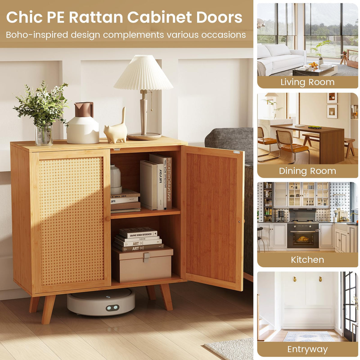 Bamboo Buffet Cabinet Boho Sideboard Storage Cabinet with Doors