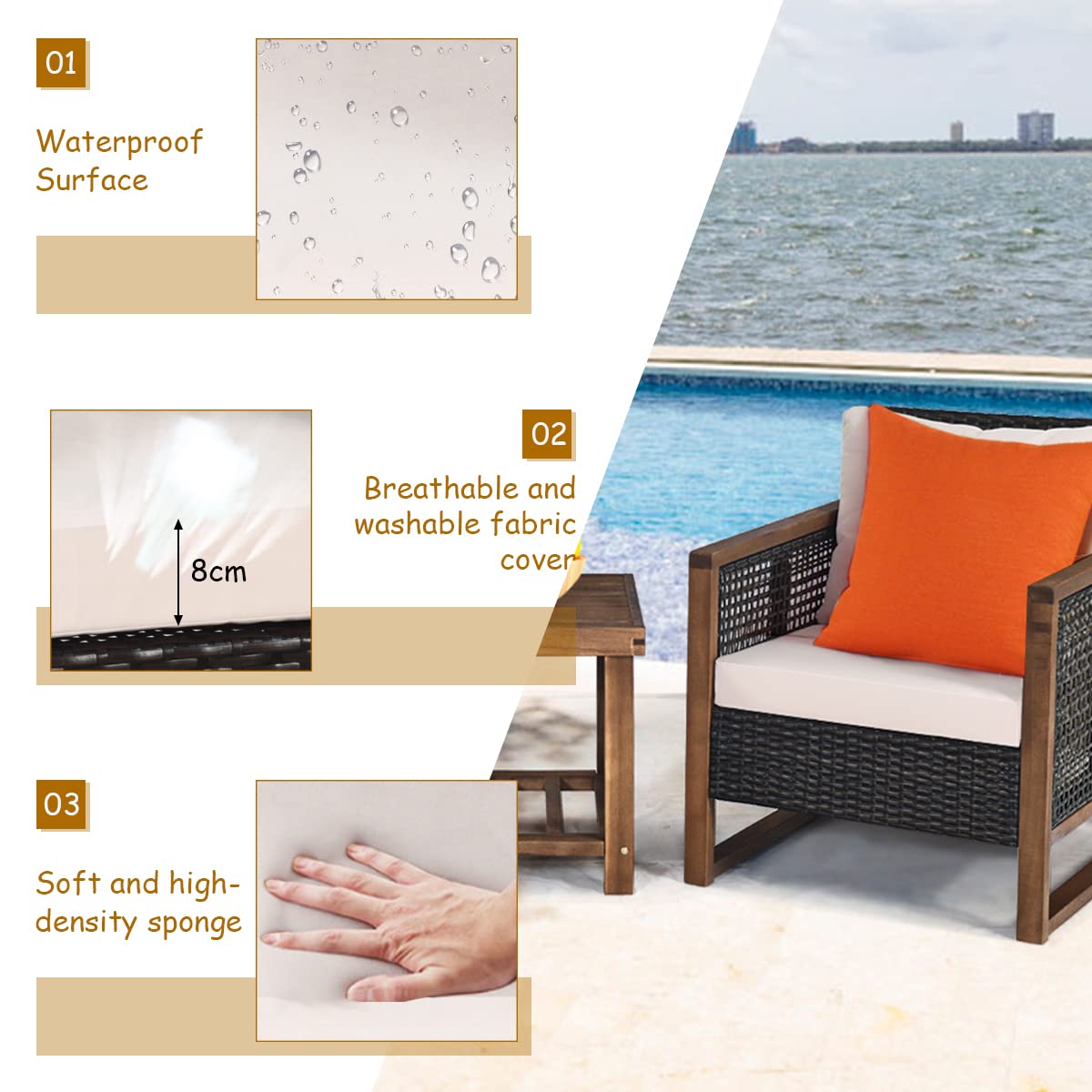 3 Pieces Outdoor Wooden Furniture Bistro Set with Cushioned Sofas