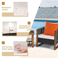 3 Pieces Outdoor Wooden Furniture Bistro Set with Cushioned Sofas