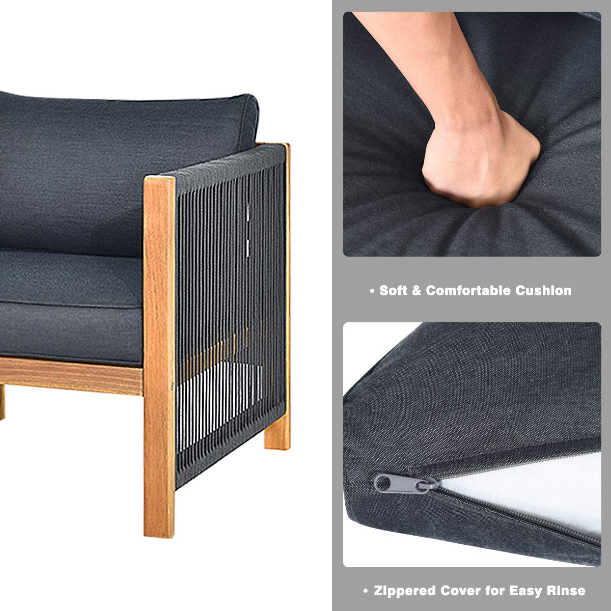 4 Pieces Acacia Wood Patio Conversation Set with Armrest