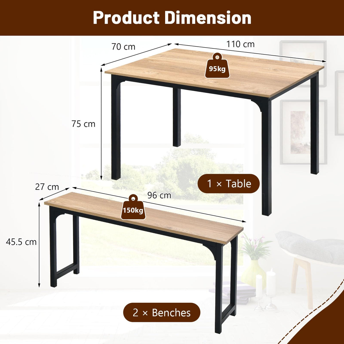 Giantex Dining Table Set for 4, 3 PCS Farmhouse Kitchen & Dining Room Furniture Kit with 2 Benches