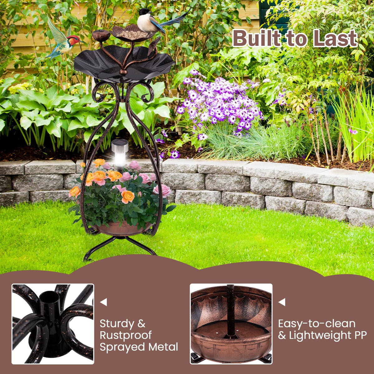 Solar Outdoor Bird Bath, Vintage Bird Bath & Feeder Combo