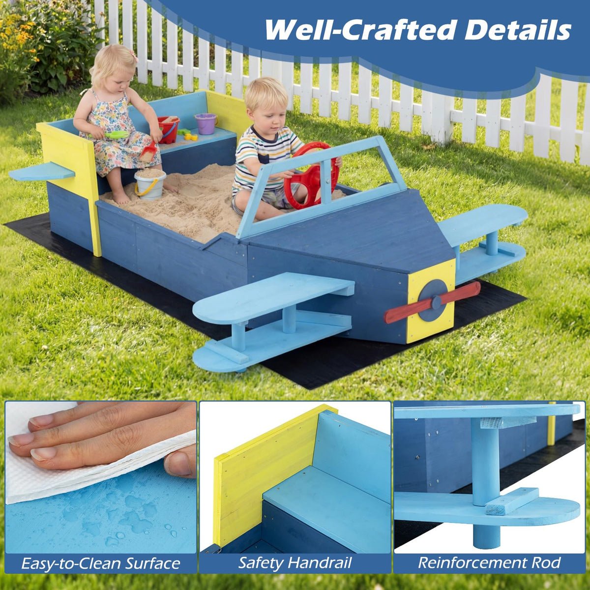 Glider-Shape Kids Sandpit, Large Wooden Outdoor Sand Box w/Bench Seat, Propeller, Rotatable Rudder and Side Wings