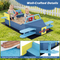 Glider-Shape Kids Sandpit, Large Wooden Outdoor Sand Box w/Bench Seat, Propeller, Rotatable Rudder and Side Wings