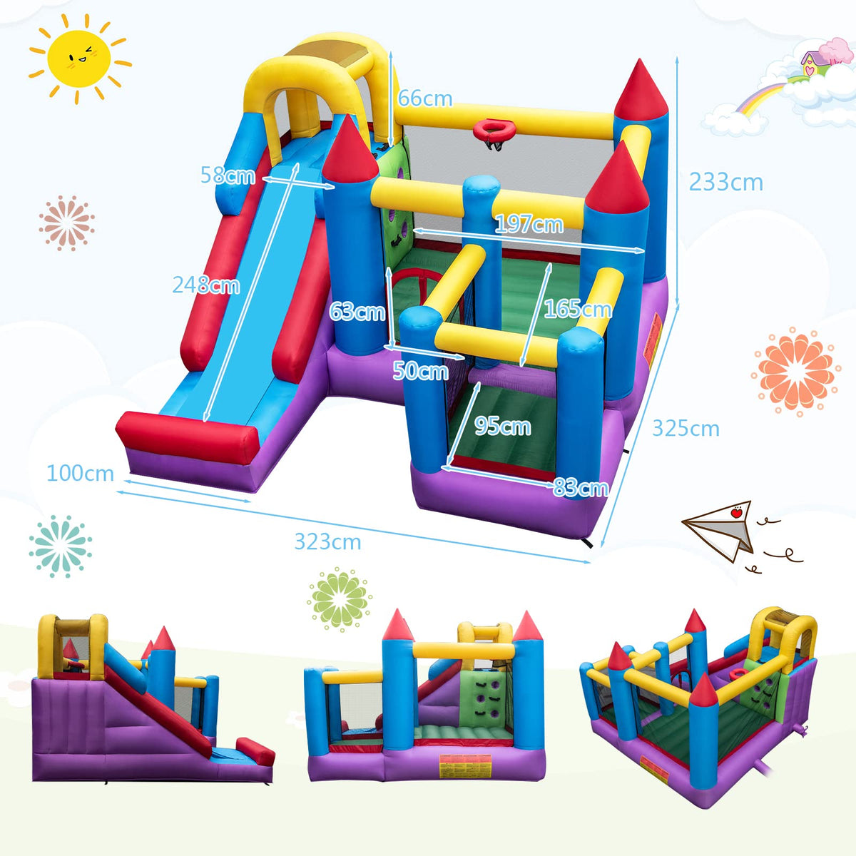 Inflatable Kids Bouncy House, Jumping Castle Trampoline, w/Slide, Jump Area, Climbing Wall, Basketball Hoop