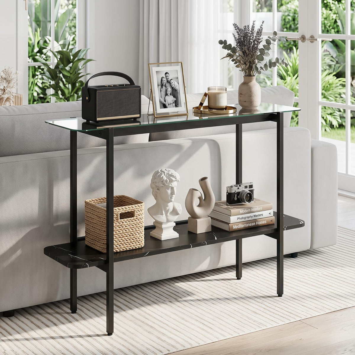 100cm Console Table with Storage Shelf and Tempered Glass Top for Hallway
