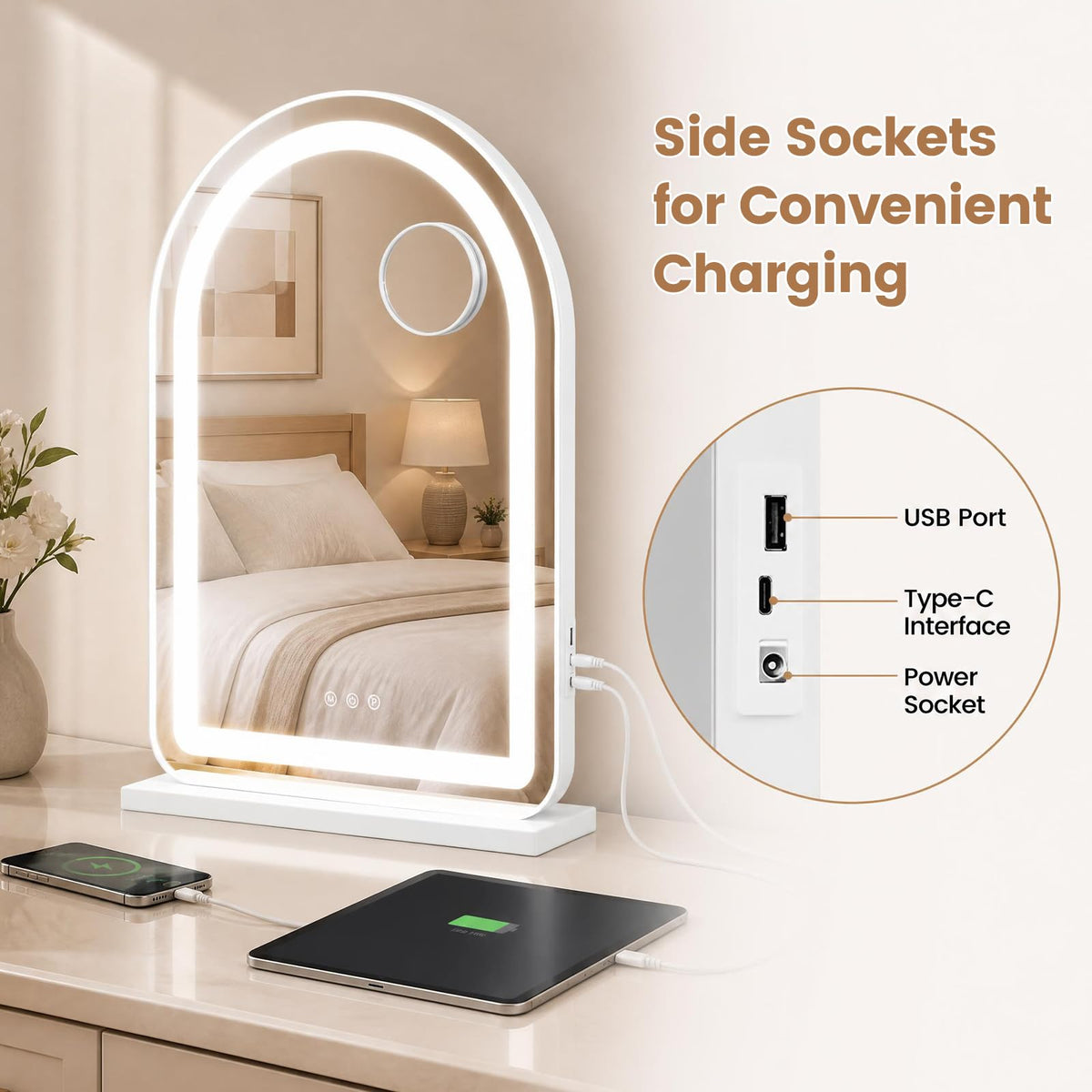 Giantex Arched Vanity Mirror with LED Lights & Removable Magnify Mirror
