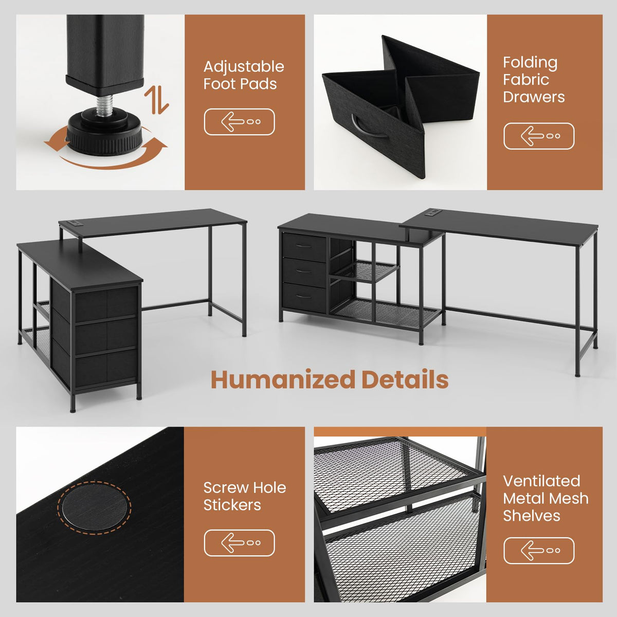 Giantex L-Shaped Computer Desk with Power Outlet, Convertible Corner Desk with 3 Fabric Drawers & Metal Mesh Shelves