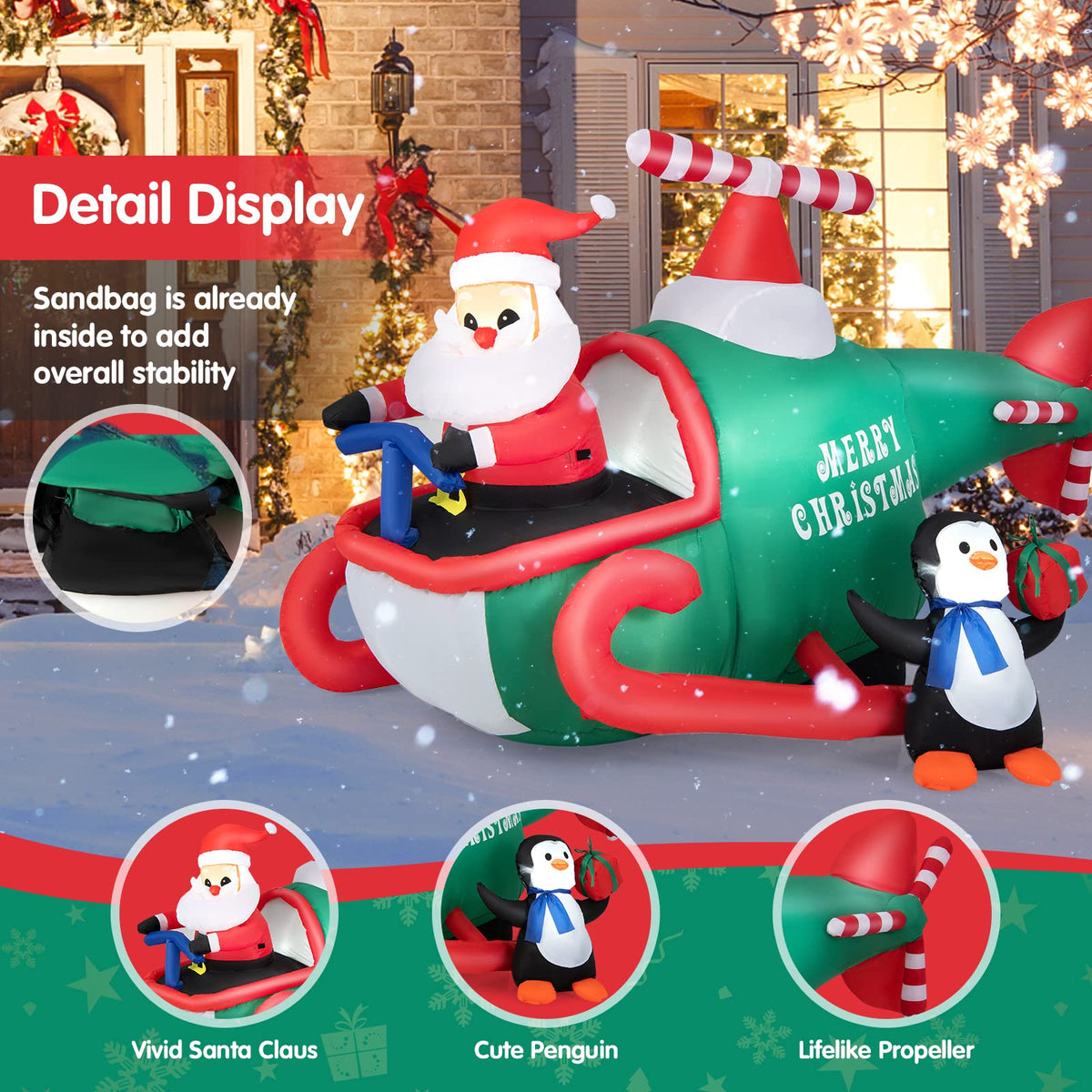 190CM Christmas Inflatable Santa Claus with Penguins on Helicopter
